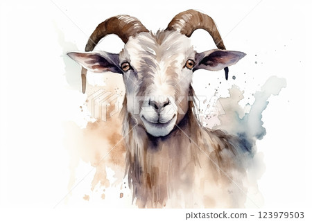 Watercolor goat portrait illustration on white background 123979503