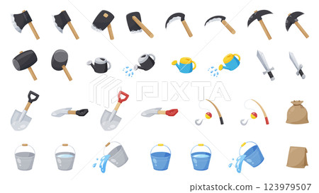 農場遊戲中使用的農具和其他工具的插圖集 123979507