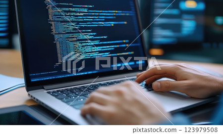 Close-Up of a Programmer Coding with Virtual Display Close-Up of a Programmer Coding with Virtual Display 123979508