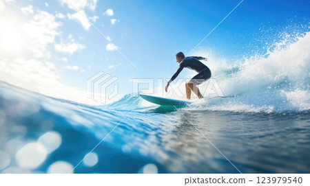 Surfer Carves Through Wave with Power and Precision Surfer Carves Through Wave with Power and Precision 123979540