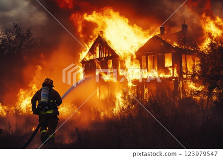 House Engulfed in Flames as Firefighter Fights Back House Engulfed in Flames as Firefighter Fights Back 123979547