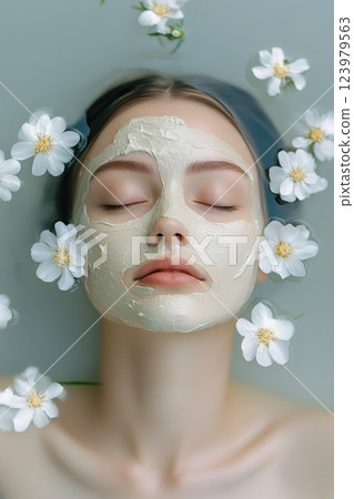 Relaxing beauty treatment with floral accents and creamy facial mask 123979563