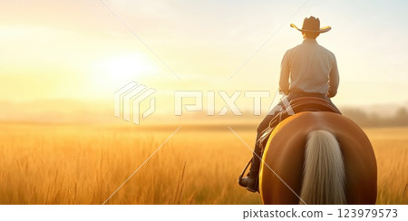 Riding through a peaceful field on horseback at sunset 123979573