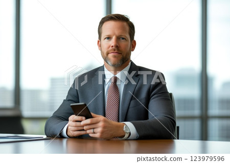 Confident businessman in suit working at desk in bright office 123979596
