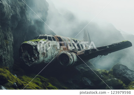 Abandoned Airplane in a Foggy Mountain Cave Abandoned Airplane in a Foggy Mountain Cave 123979598