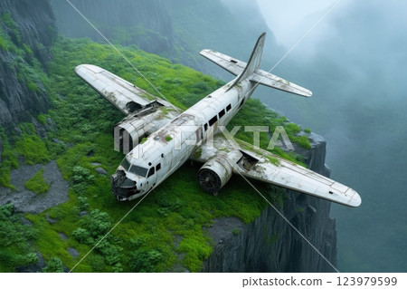 Rusty Aircraft Covered in Moss in High Cave Rusty Aircraft Covered in Moss in High Cave 123979599