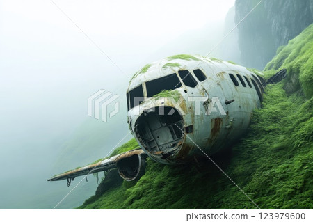 Ancient Plane in a Foggy Mountainous Cave 123979600