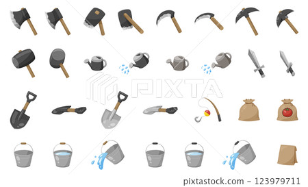 農場遊戲中使用的農具和其他工具的插圖集_黑暗 123979711