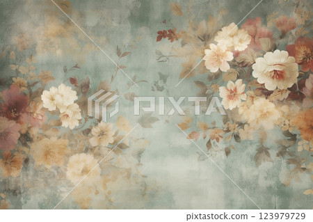 Vintage flowers background. Old paper texture. Ai generated 123979729