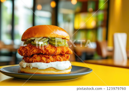 Delicious Crispy Fried Chicken Sandwich with Fresh Pickles Delicious Crispy Fried Chicken Sandwich with Fresh Pickles 123979760