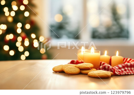 Christmas Celebration with Tree, Cookies, and Soft Candles 123979796