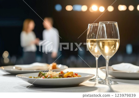 Gourmet meal with theatrical performance and wine 123979839