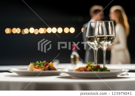 Stylish dinner setting with dramatic stage show 123979841