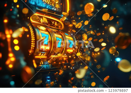 Giant Slot Machine Surrounded by Shiny Gold Coins Giant Slot Machine Surrounded by Shiny Gold Coins 123979897