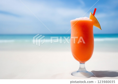 Fresh juice cocktail on the beach. Vacation background. Ai generated 123980035