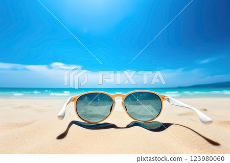 Sunglasses and beach landscape, summer vacation background. Ai generated 123980060