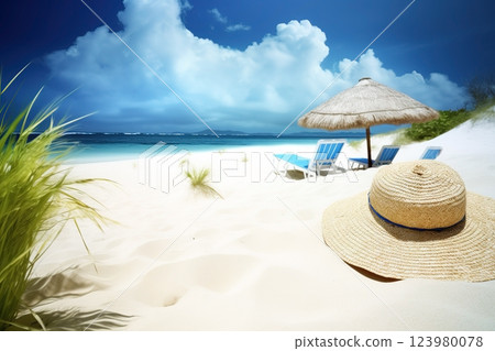 Straw hat on the beach close-up, summer background. Ai generated Straw hat on the beach close-up, summer background. Ai generated 123980078