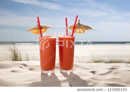 Fresh juice cocktail on the beach. Vacation background. Ai generated 123980183