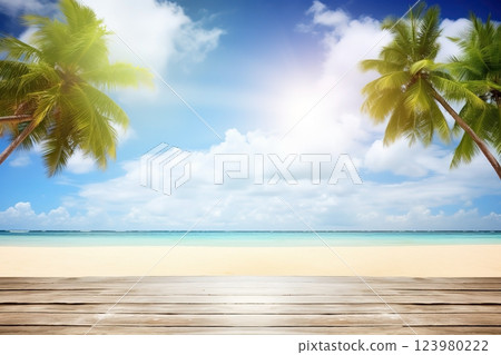 Top of wood table with seascape. Vacation background. Ai generated 123980222