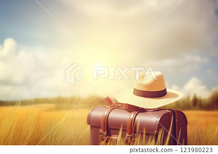 Straw hat and suitcase summer vacation background. Ai generated 123980223