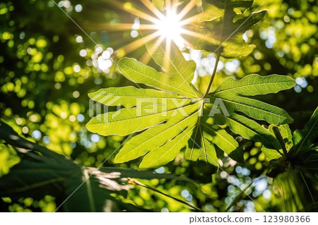Tropical palm leaves close-up summer background. Ai generated Tropical palm leaves close-up summer background. Ai generated 123980366