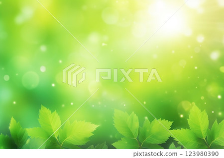 Branch with green leaves in sunlight, bokeh effect. Summer background. Ai generated 123980390