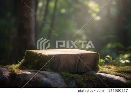 Wooden podium for product display nature background 3d rendering. Ai generated 123980527