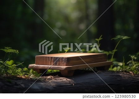 Presentation wooden podium 3d abstract nature background, empty backdrop pedestal. Ai generated 123980530