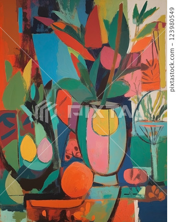 Mid-century abstract art flowers  illustration. Ai generated 123980549