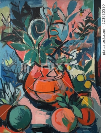 Mid-century abstract art flowers  illustration. Ai generated 123980550
