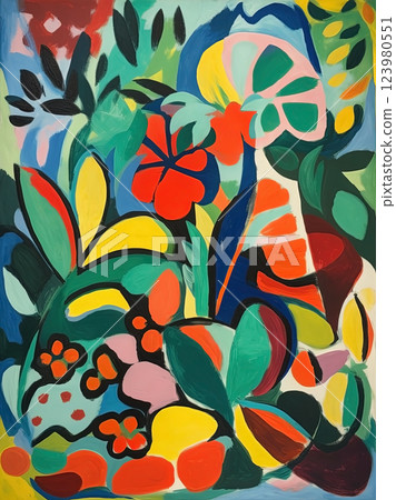 Mid-century abstract art flowers  illustration. Ai generated 123980551