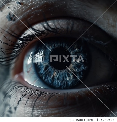 Realistic human eye with reflection of galaxy illustration. Ai generated 123980648