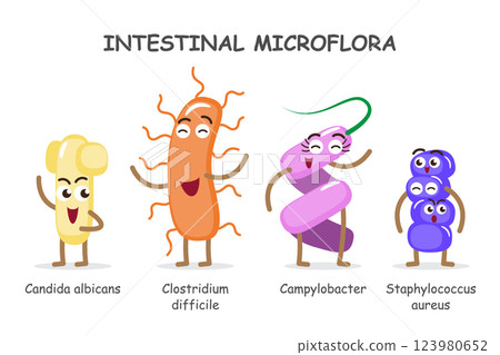 Intestinal microflora . Collection of cute medical microbiome cartoon characters . Vector . Set 2 of 3 . 123980652