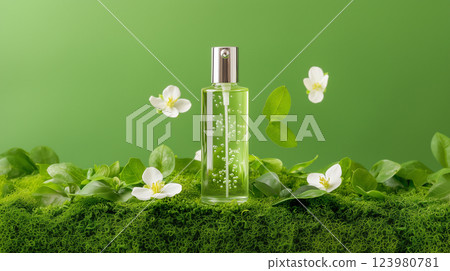 Transparent Bottle with Silver Cap and Green Liquid 123980781