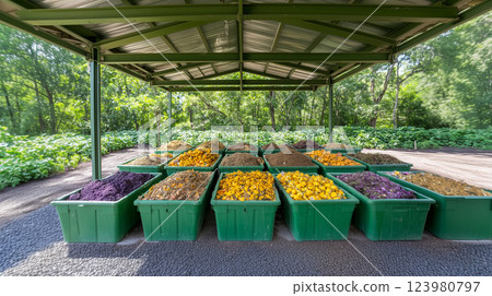 Neatly Arranged Compost Bins with Colorful Contents 123980797