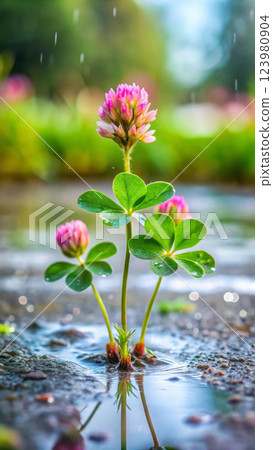a small plant with water drops 123980904