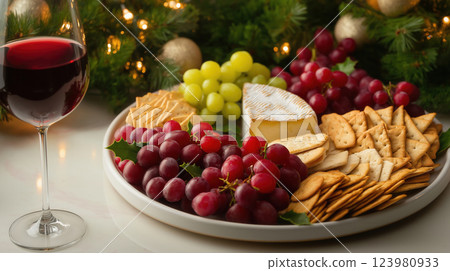 Festive Cheese and Wine Platter with Grapes and Crackers 123980933