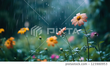 Blooming Flowers in Rain with Droplets on Petals 123980953