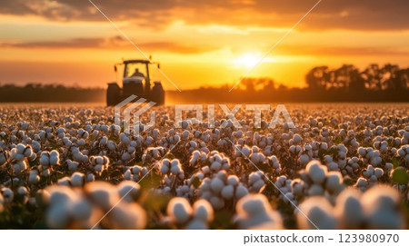 Tractor Working in Cotton Field During Golden Hour Tractor Working in Cotton Field During Golden Hour 123980970