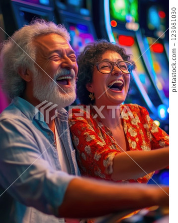 Senior Couple Smiling While Playing Slot Games 123981030