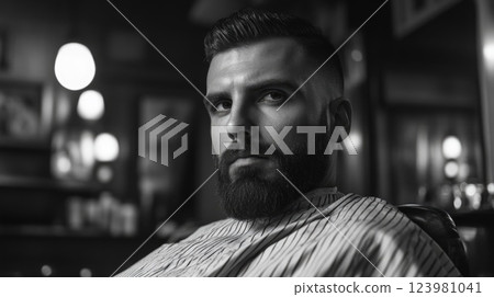 Modern barber cutting hair of a bearded man Modern barber cutting hair of a bearded man 123981041