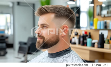 Gentleman receiving professional haircut in barbershop Gentleman receiving professional haircut in barbershop 123981042