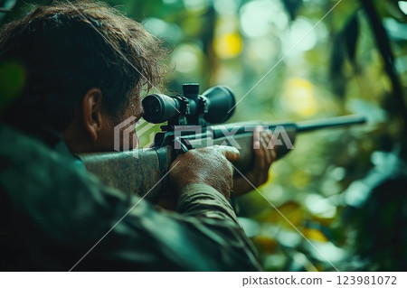 Hunter Aiming Rifle in Forest, Target Focused 123981072