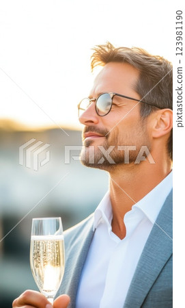 Elegant 35-Year-Old Man in Suit Sipping Champagne 123981190