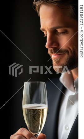Sophisticated Man Relaxing with Champagne in Hand 123981191