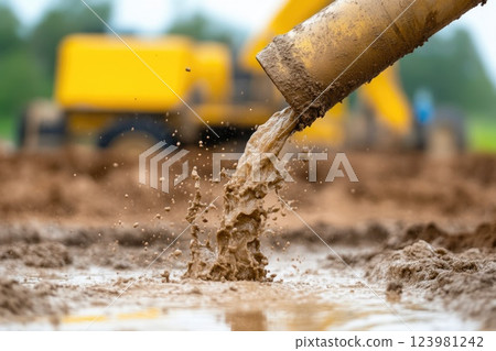 Mud Flowing from Industrial Water Well with Equipment in Background 123981242