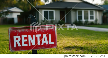 Rental Property Sign with House in Background Rental Property Sign with House in Background 123981251