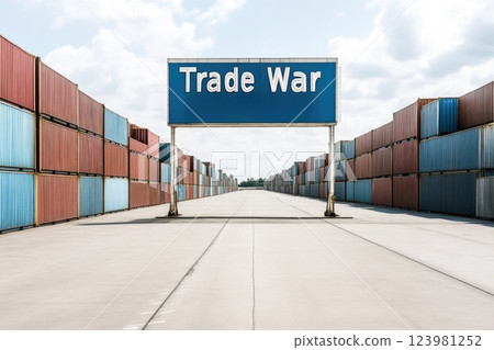 Empty Container Yard under Trade War Sign Empty Container Yard under Trade War Sign 123981252