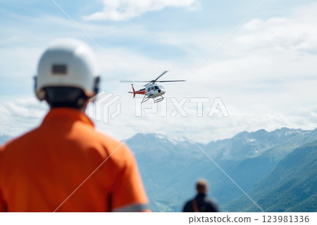 Mountain Rescue Effort with Helicopter and Officer 123981336