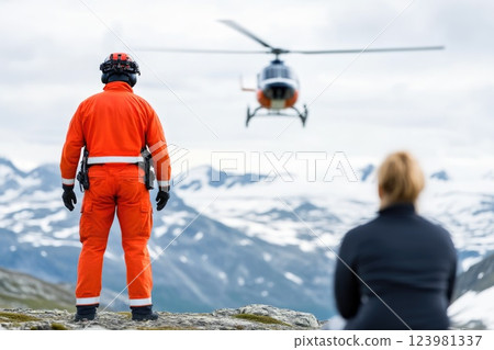 Search and Rescue Helicopter Hovering Over Mountains Search and Rescue Helicopter Hovering Over Mountains 123981337